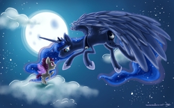 Size: 1280x800 | Tagged: safe, artist:yourdarkesthorror, princess luna, oc, g4, cloud, cloudy, filly, flying, large wings, moon, stars