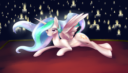 Size: 1950x1126 | Tagged: safe, artist:humanized-equestria, princess celestia, alicorn, pony, g4, female, looking at you, lying down, mare, prone, smiling, smiling at you, solo, spread wings, wings