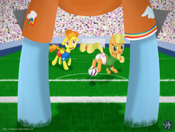 Size: 4000x3000 | Tagged: safe, artist:misterjuly, applejack, rainbow dash, spitfire, g4, football, hoers, sports