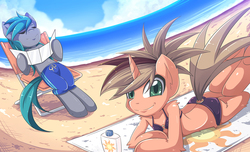 Size: 1400x853 | Tagged: safe, artist:jinzhan, oc, oc only, semi-anthro, arm hooves, beach