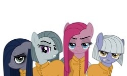 Size: 2518x1521 | Tagged: safe, artist:reitanna-seishin, limestone pie, marble pie, pinkie pie, oc, oc:minkie pie, fanfic:muffins, g4, clothes, fanfic art, glare, looking at you, pie sisters, pinkamena diane pie, prison, prison outfit, siblings, simple background, sisters, transparent background, vector