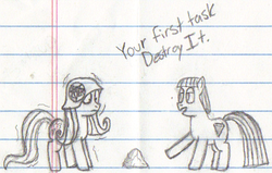 Size: 495x314 | Tagged: safe, fluttershy, maud pie, g4, lined paper, monochrome, rock, traditional art