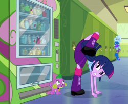 Size: 1032x844 | Tagged: safe, edit, hundreds of users filter this tag, screencap, spike, trixie, twilight sparkle, dog, equestria girls, g4, clothes, female, male, out of context, screenshots, ship:twispike, shipping, skirt, spike the dog, straight, upskirt