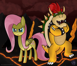 Size: 4000x3400 | Tagged: safe, artist:misterjuly, fluttershy, g4, bowser, crossed arms, crossover, duo, evil smile, lava, male, nintendo, super mario bros., volcano