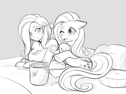 Size: 1151x865 | Tagged: safe, artist:scorpdk, fluttershy, human, g4, bed, breasts, busty fluttershy, choker, cleavage, female, floppy ears, food, human ponidox, humanized, laughing, looking at you, monochrome, open mouth, pillow, popcorn, prone, smiling, watching, wink