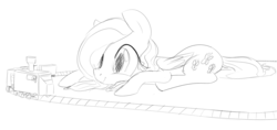 Size: 1827x861 | Tagged: safe, artist:dotkwa, fluttershy, g4, drawfag, monochrome, playing, train set