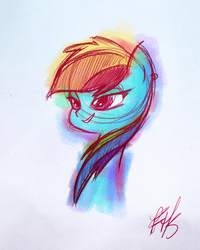 Size: 617x772 | Tagged: safe, artist:fluttershythekind, rainbow dash, g4, bust, colored, female, simple background, sketch, solo