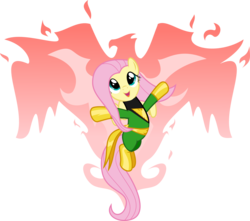 Size: 2500x2212 | Tagged: safe, artist:saturdaymorningproj, fluttershy, phoenix, g4, clothes, costume, crossover, cute, female, happy, high res, jean grey, marvel, open mouth, shyabetes, simple background, smiling, solo, spread wings, transparent background, vector, x-men