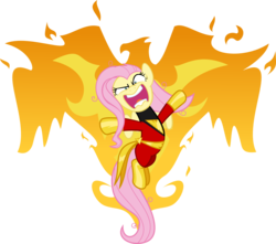 Size: 2500x2211 | Tagged: safe, artist:saturdaymorningproj, fluttershy, phoenix, g4, clothes, costume, crossover, dark phoenix, female, flutterrage, glare, high res, jean grey, looking at you, marvel, messy mane, open mouth, simple background, solo, spread wings, this will end in death, transparent background, vector, we're screwed, wide eyes, x-men, xk-class end-of-the-world scenario, you're going to love me