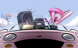 Size: 1727x1068 | Tagged: safe, artist:underpable, madame leflour, pinkie pie, rainbow dash, rocky, g4, car, convertible, party