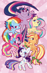 Size: 1970x3045 | Tagged: safe, artist:pixel-prism, applejack, fluttershy, pinkie pie, rainbow dash, rarity, twilight sparkle, alicorn, pony, g4, female, mane six, mare, rainbow power, twilight sparkle (alicorn)