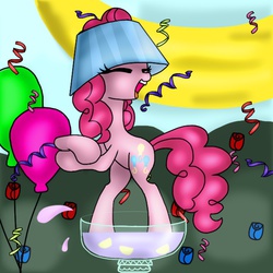 Size: 640x640 | Tagged: dead source, safe, artist:fireheartrubie, pinkie pie, earth pony, pony, g4, ponyville confidential, balloon, confetti, dancing, female, hat, lampshade, lampshade hat, mare, party, punch (drink), punch bowl, scene interpretation, solo, streamers