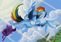 Size: 1280x889 | Tagged: safe, artist:vtruss1, rainbow dash, twilight sparkle, alicorn, pony, g4, testing testing 1-2-3, female, flying, mare, twilight sparkle (alicorn)