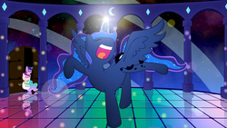 Size: 5511x3100 | Tagged: safe, artist:starblaze25, princess cadance, princess celestia, princess luna, twilight sparkle, alicorn, pony, g4, alicorn tetrarchy, awkward, celestia is not amused, dance floor, dancing, do the sparkle, female, frown, glowing horn, horn, magic, mare, missing accessory, pointy ponies, reflection, smiling, spread wings, the club can't even handle me right now, twilight sparkle (alicorn), twilight sparkle is not amused, unamused, watching