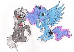 Size: 1024x717 | Tagged: safe, artist:fluttersquee6, princess luna, alicorn, kaiju, kaiju pony, pony, unicorn, fanfic:the bridge, g4, colored sclera, crossover, crossover shipping, duo, ethereal mane, fanfic art, female, godzilla, godzilla (series), godzilla junior, godzilluna, lunazilla, male, mare, ponified, red sclera, rose, shipping, stallion, traditional art