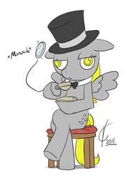 Size: 614x836 | Tagged: artist needed, safe, derpy hooves, pegasus, pony, g4, bowtie, female, hat, mare, monocle, solo, tea, top hat