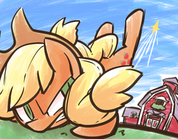 Size: 700x550 | Tagged: safe, artist:nyankamedon, applejack, g4, bucking, female, perspective, pixiv, solo, sweet apple acres