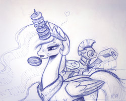 Size: 1500x1200 | Tagged: safe, artist:kp-shadowsquirrel, princess celestia, alicorn, pony, g4, alicorn metabolism, ballpoint pen, bedroom eyes, cake, cakelestia, concave belly, cute, cutelestia, donut, donutlestia, eating, floppy ears, folded wings, frown, horn, horn impalement, iou, messy eating, monochrome, royal guard, sad, sillestia, sketch, slender, smiling, stack, stuffing, the uses of unicorn horns, thin, traditional art, trollestia, wings