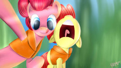 Size: 1280x720 | Tagged: safe, artist:yuukon, apple bloom, pinkie pie, g4, pinkie apple pie, falling, scene interpretation, screaming, selfie, smiling, tongue out, waterfall