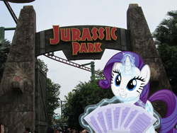 Size: 4608x3456 | Tagged: safe, artist:masem, artist:missbeigepony, rarity, g4, exhibit, irl, jurassic park, magic, photo, ponies in real life, sign, singapore, smiling, ticket, vector