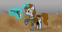 Size: 1864x960 | Tagged: safe, artist:inivonwini, oc, oc only, oc:littlepip, pony, unicorn, fallout equestria, clothes, cutie mark, fanfic, fanfic art, female, glowing horn, gritted teeth, gun, handgun, hooves, horn, jumpsuit, levitation, little macintosh, magic, mare, optical sight, pipbuck, raised hoof, revolver, saddle bag, solo, teeth, telekinesis, vault suit, wasteland, weapon