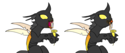 Size: 1300x550 | Tagged: safe, artist:carnifex, oc, oc only, changeling, changeling slime, cute, drool, fangs, female, flower, honeycomb hive, hoof hold, licking lips, mlem, nectar, open mouth, silly, simple background, smiling, tongue out, transparent background, yellow changeling