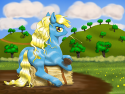 Size: 2400x1800 | Tagged: safe, alternate version, artist:d1ckbitch, oc, oc only, oc:madame banane, g4, butt, cottagecore, french mascot, hay bale, looking back, mascot, mud, plot, sfw version, solo, straw, sweet apple acres, unshorn fetlocks