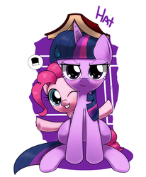 Size: 1260x1530 | Tagged: safe, artist:hoyeechun, pinkie pie, twilight sparkle, pony, g4, book, book hat, duo, hat, one eye closed, sitting, smiling, wink