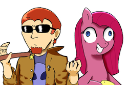 Size: 900x600 | Tagged: safe, pinkie pie, human, g4, clothes, crossover, insane face, pinkamena diane pie, postal, postal dude, sunglasses, trenchcoat