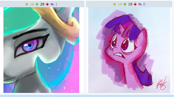 Size: 507x283 | Tagged: safe, princess celestia, twilight sparkle, derpibooru, g4, exploitable meme, juxtaposition, juxtaposition win, meme, meta