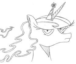 Size: 1637x1385 | Tagged: safe, artist:lyracorn, nightmare moon, oc, oc:nightparty moon, g4, flowing mane, hat, heroine, looking at you, monochrome, original idea, party hat, slender, solo, thin, traditional art