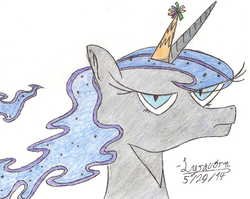 Size: 1600x1274 | Tagged: safe, artist:lyracorn, nightmare moon, oc, oc:nightparty moon, g4, flowing mane, hat, heroine, looking at you, original idea, party hat, slender, solo, thin, traditional art