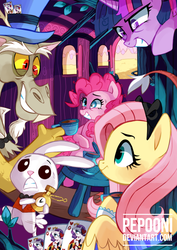 Size: 511x723 | Tagged: safe, artist:pepooni, angel bunny, discord, fluttershy, pinkie pie, twilight sparkle, alicorn, pony, g4, alice in wonderland, card, cheshire cat, clothes, crossover, cup, dress, female, hat, mad hatter, mare, pocket watch, tea, tea party, teacup, top hat, twilight sparkle (alicorn), watch, white rabbit