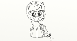 Size: 1280x682 | Tagged: safe, artist:icesticker, princess luna, hengstwolf, lunadoodle, g4, adoracreepy, creepy, cute, fangs, female, filly, grin, looking at you, monochrome, sharp teeth, sitting, smiling, solo, squee, wereluna, werewoona, woona