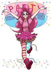 Size: 1500x2100 | Tagged: safe, artist:nyako-shoyu, pinkie pie, human, g4, balloon, clothes, female, humanized, old banner, one word, socks, solo, striped socks, suspenders