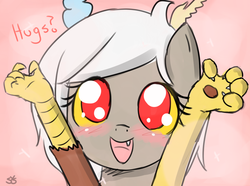 Size: 1111x825 | Tagged: dead source, safe, artist:speccysy, discord, draconequus, g4, adoreris, blushing, bronybait, cute, discute, eris, female, hug, hug request, incoming hug, open mouth, rule 63, rule63betes, solo