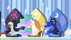 Size: 2048x1152 | Tagged: safe, artist:maxdash, derpy hooves, princess celestia, princess luna, pegasus, pony, equestria games (episode), g4, alicorn thrones, costume, disguise, female, hat, hat fortess 2, hilarious in hindsight, mare, mask, spy, spy (tf2), sunglasses, team fortress 2, throne, twilight muffins