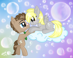 Size: 1024x819 | Tagged: safe, artist:fairydraft, derpy hooves, doctor whooves, time turner, pegasus, pony, g4, cloud, female, male, mare, ship:doctorderpy, shipping, straight