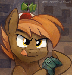 Size: 504x527 | Tagged: safe, artist:kenket, artist:spainfischer, button mash, earth pony, pony, g4, colt, controller, foal, gaming, hat, hooves, male, portrait, propeller hat, solo, tongue out