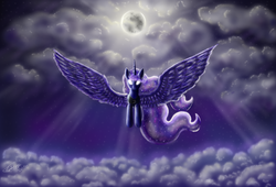 Size: 1024x698 | Tagged: safe, artist:fairydraft, princess luna, children of the night, g4, cloud, cloudy, female, flying, glowing eyes, moon, solo, stars