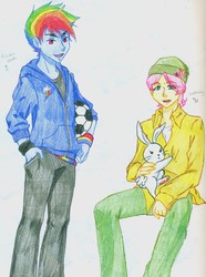 Size: 2353x3164 | Tagged: safe, artist:1gothgrrl, angel bunny, fluttershy, rainbow dash, equestria girls, g4, butterscotch, equestria guys, high res, humanized, male, rainbow blitz, rule 63, traditional art