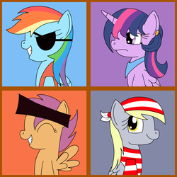 Size: 1600x1600 | Tagged: safe, artist:toonboy92484, derpy hooves, rainbow dash, scootaloo, twilight sparkle, alicorn, pony, g4, alternate hairstyle, female, mare, pirate dash, twilight sparkle (alicorn)