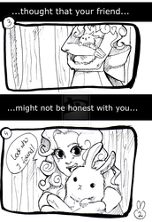Size: 1024x1485 | Tagged: safe, artist:tunna10, pinkie pie, human, rabbit, g4, comic, happy, holding something, humanized, looking at you, monochrome, smiling