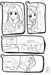 Size: 1024x1507 | Tagged: safe, artist:tunna10, fluttershy, human, g4, comic, confused, door, humanized, monochrome