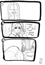 Size: 1024x1486 | Tagged: safe, artist:tunna10, fluttershy, human, g4, comic, door, humanized, monochrome, painfully innocent fluttershy, smiling, thinking