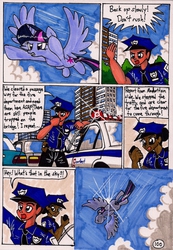 Size: 1376x1993 | Tagged: safe, artist:newyorkx3, spike, twilight sparkle, alicorn, human, pony, comic:twilight and the big city, g4, car, comic, female, flying, mare, police, police car, police officer, traditional art, twilight sparkle (alicorn)