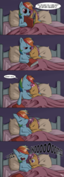 Size: 1200x3298 | Tagged: safe, artist:brainsucks, daring do, rainbow dash, scootaloo, pegasus, pony, g4, bed, book, comic, dialogue, eyes closed, female, filly, heart, mare, mood whiplash, onomatopoeia, open mouth, scootalove, sleeping, smiling, snoring, sound effects, speech bubble