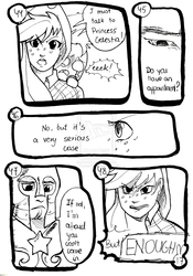 Size: 1024x1466 | Tagged: safe, artist:tunna10, applejack, spike, human, g4, comic, humanized, looking at each other, looking at someone, monochrome, narrowed eyes, royal guard, scared, teary eyes, yelling