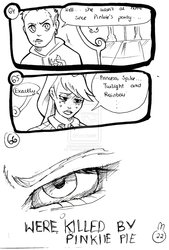 Size: 1024x1514 | Tagged: safe, artist:tunna10, applejack, spike, human, g4, angry, comic, cookie, eye, food, humanized, implied murder, looking up, monochrome