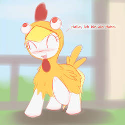 Size: 1665x1672 | Tagged: safe, artist:randy, oc, oc only, oc:aryanne, chicken, beak, blushing, clothes, costume, dress up, embarrassed, feather, googly eyes, happy, raised hoof, solo, standing